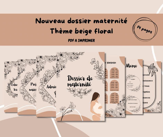 Dossier de maternité beige floral à imprimer – Organiseur grossesse PDF – Suivi grossesse & rendez-vous – Cadeau future maman