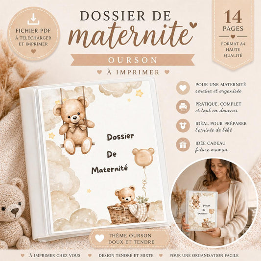 Dossier de maternité-Pages de garde dossier maternité Ourson | Papeterie grossesse imprimable