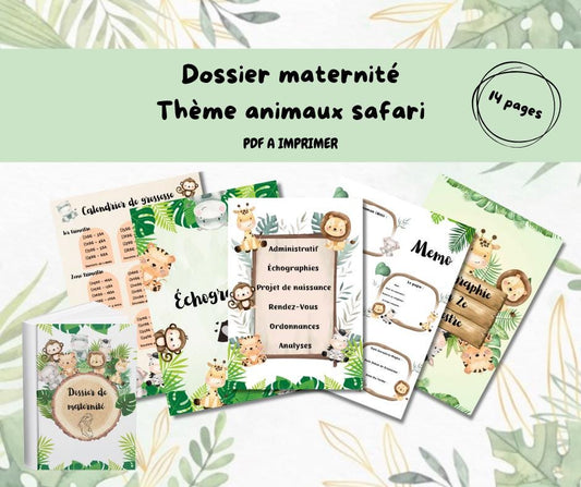 Pages de garde dossier de maternité Safari – Planner grossesse à imprimer – Organisation grossesse – Dossier maternité PDF – Thème Safari
